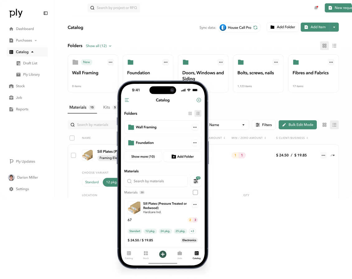 Ply garage inventory software screenshot, showing desktop and mobile interfaces with material catalog, search, and filters.