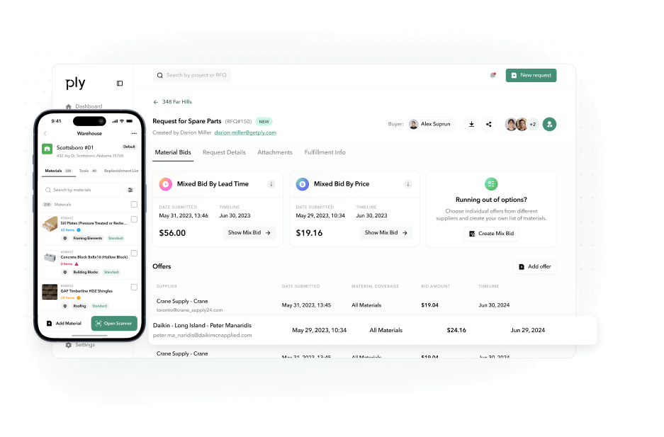 Ply garage inventory management software on desktop and mobile, showing materials, prices, and quantities.