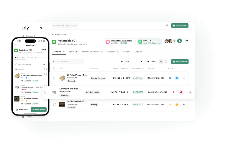 Ply catalog sync interface on desktop and mobile, showing options for syncing item details, prices, and notifications.