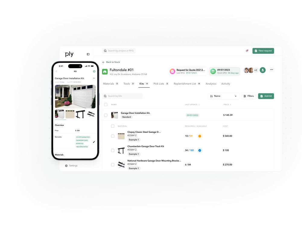 Ply dashboard managing warehouse inventory, parts requests, bids, and offers, with mobile inventory view.