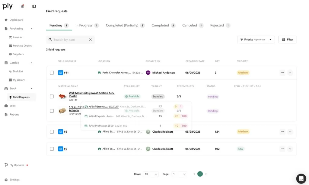 Ply's mobile field request dashboard showing pending material requests with details like quantity, priority, and status.