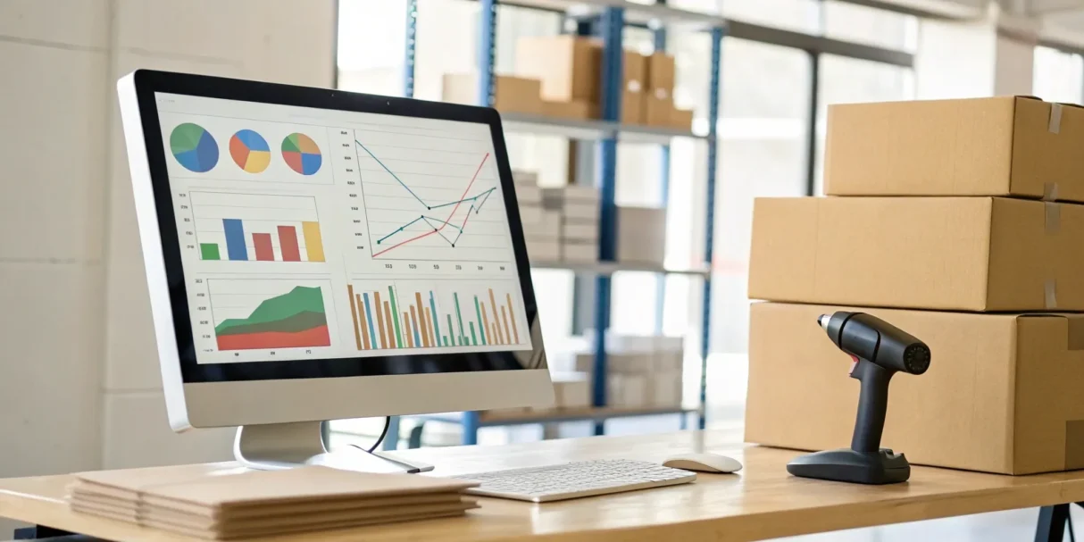 Inventory management software on a computer in a small business stockroom with a barcode scanner.
