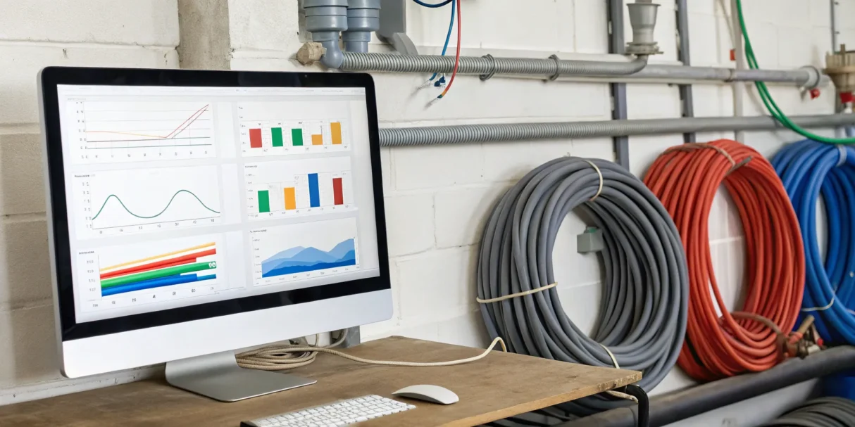 QuickBooks inventory management software dashboard on a computer in a warehouse.