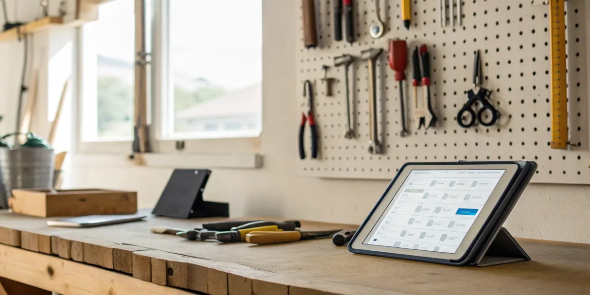 A tablet on a workbench with tools displays key features of an inventory management system.