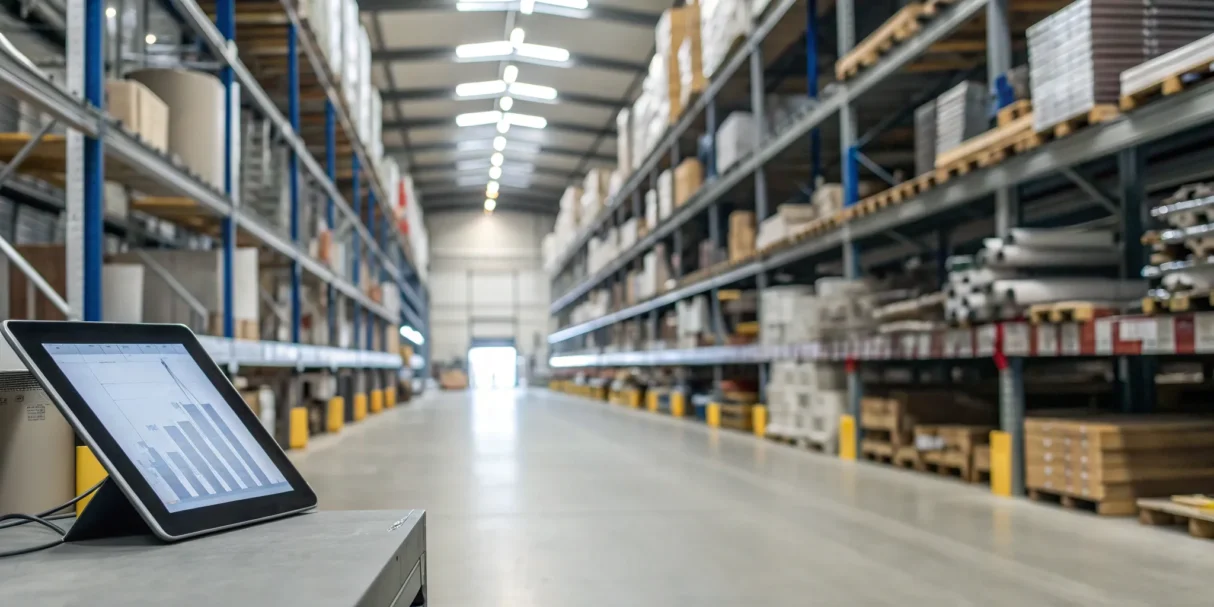 Warehouse and inventory management software on a tablet in a modern, organized warehouse.