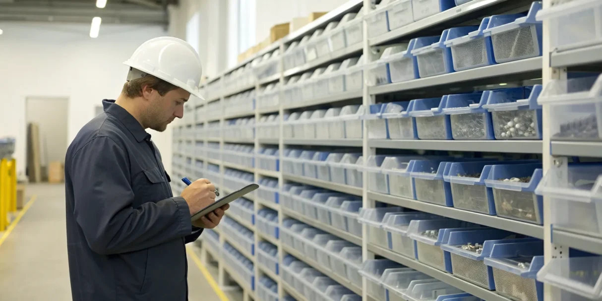 Contractor using inventory management software on a tablet in a well-organized shop.