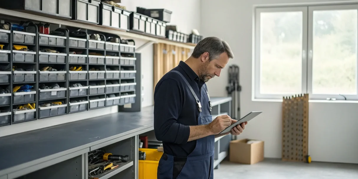 Contractor in an organized workshop using a tablet for inventory management software.