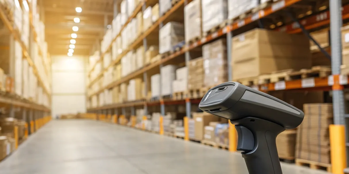 A barcode scanner tracking boxes in a warehouse with inventory management software.