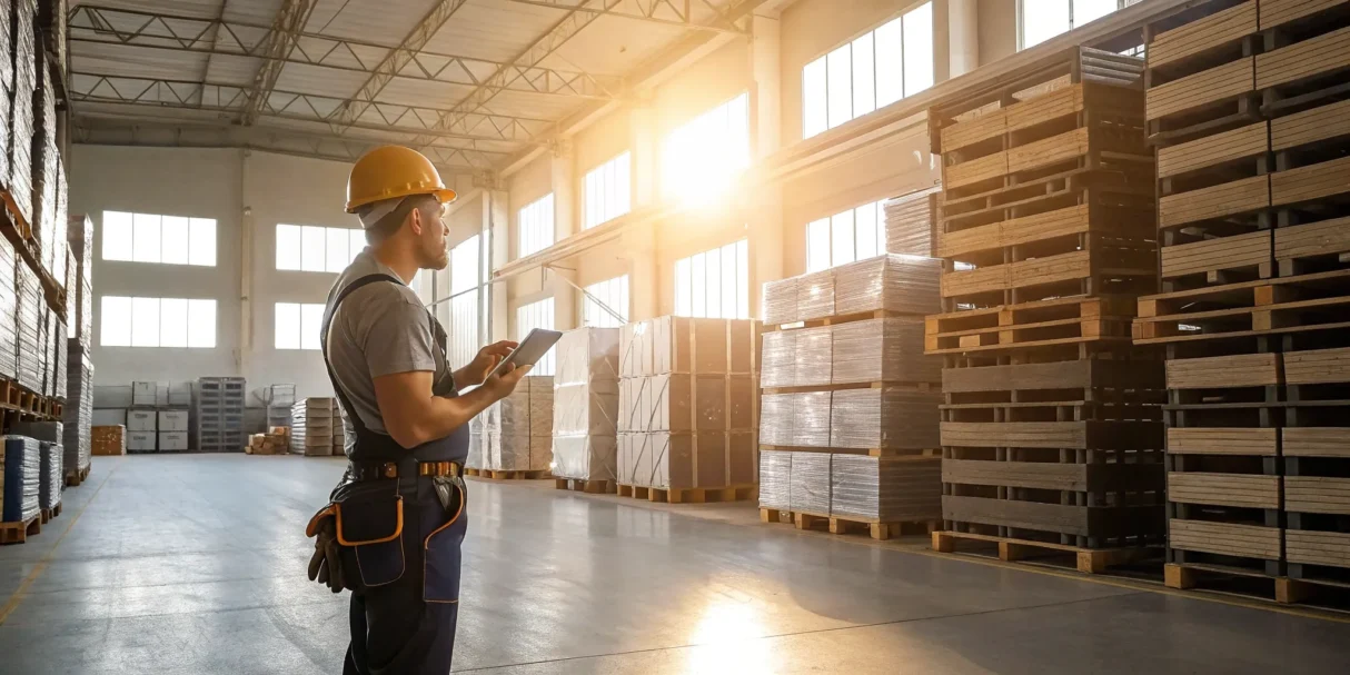 A worker uses a tablet with stock inventory management software in a warehouse.