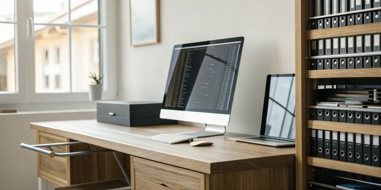 A laptop displaying an IT asset management software dashboard for tracking inventory.