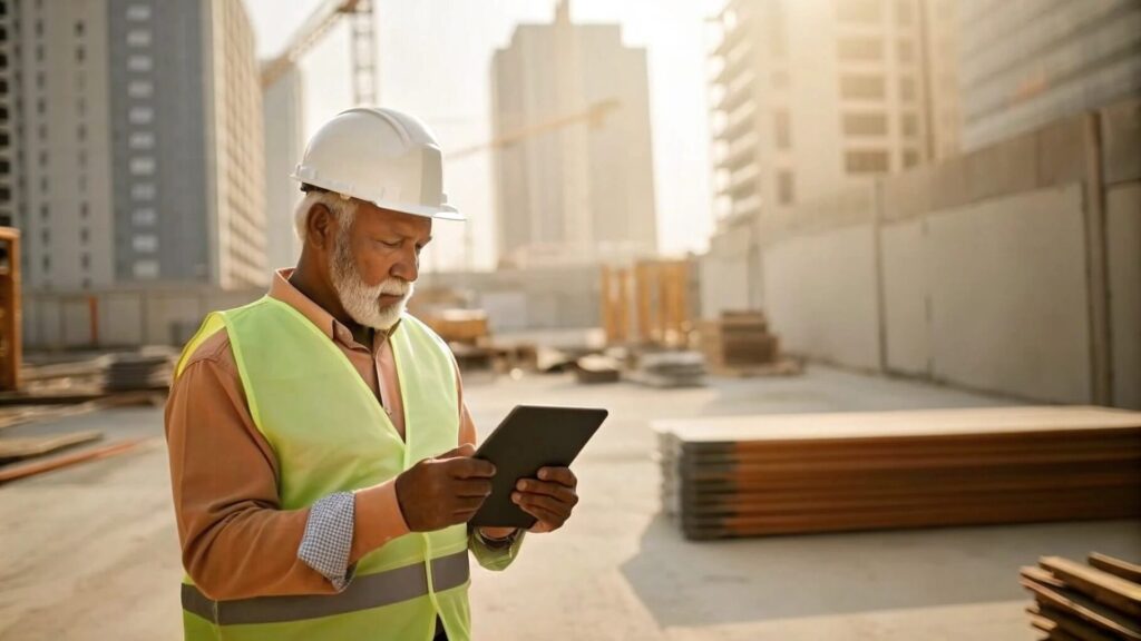 Manager on site looking at his tablet