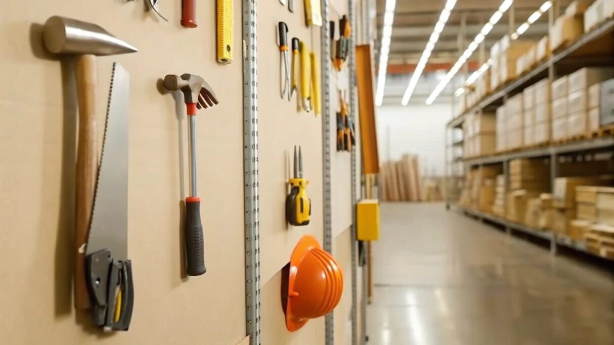 A wall full of contractor supplies