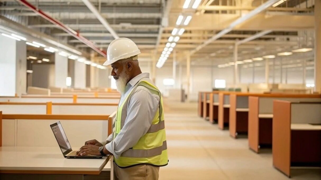 A manager looking at a laptop