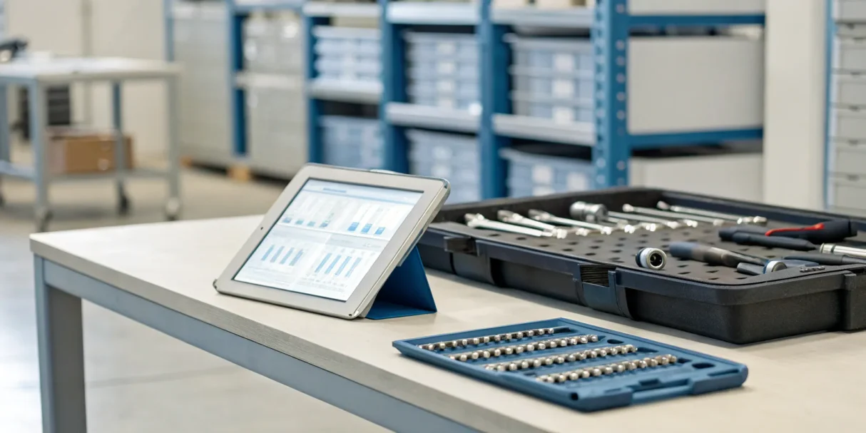 Using inventory management software on a tablet to organize tools and parts in a workshop.