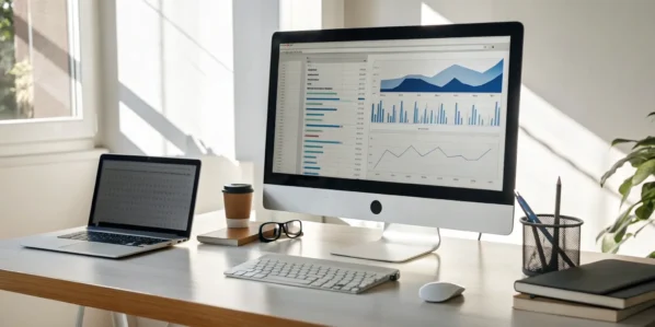 Distributor inventory management software dashboard on a computer showing stock levels and analytics.