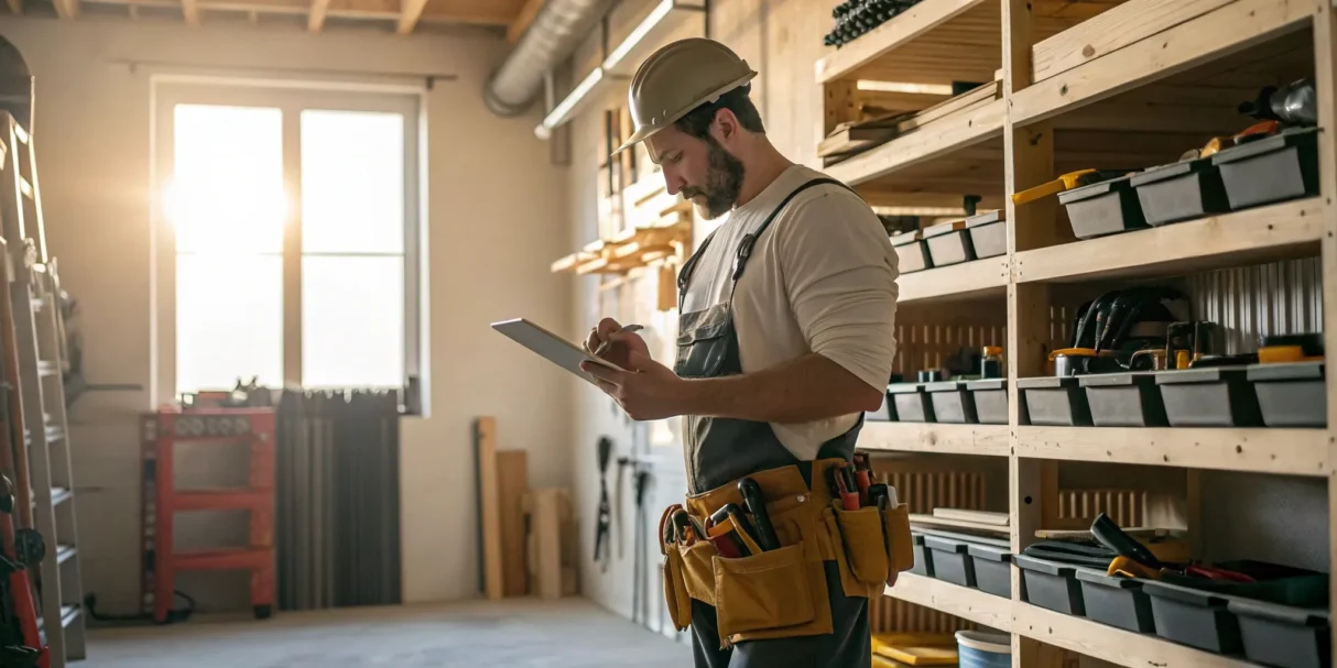 Worker using a tablet with inventory asset management software to track stock in a warehouse.