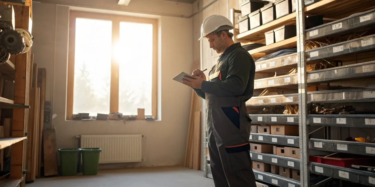 Contractor using Zoho inventory management software on a tablet in a warehouse.