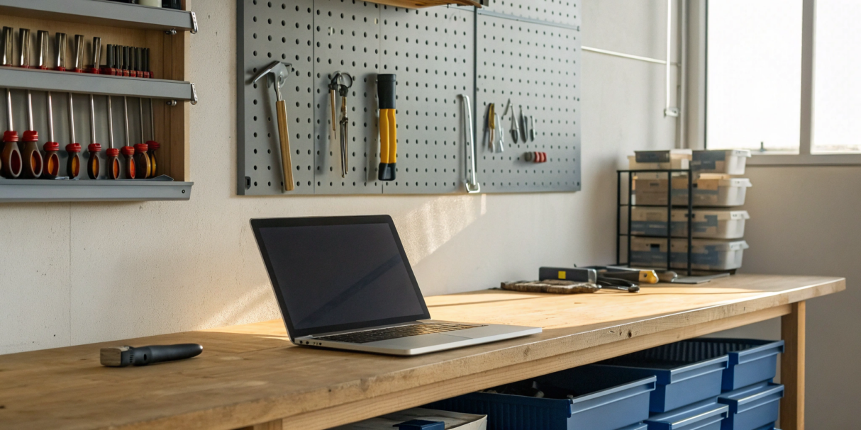 A laptop on a workshop bench displaying the best accounting software for inventory management.