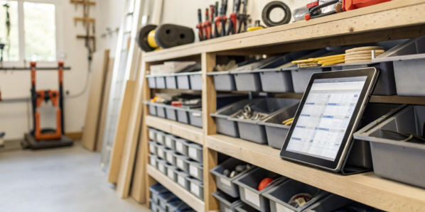 Point of sale and inventory management software on a tablet inside a workshop.
