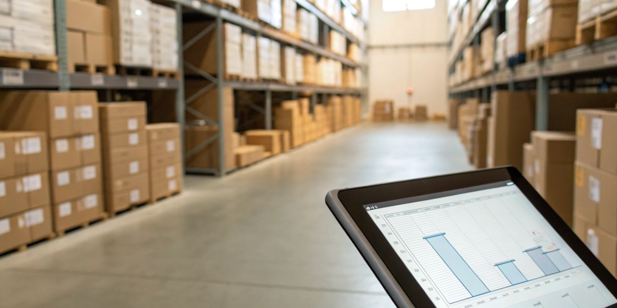 Inventory and asset management software on a tablet in a warehouse with shelves of boxes.