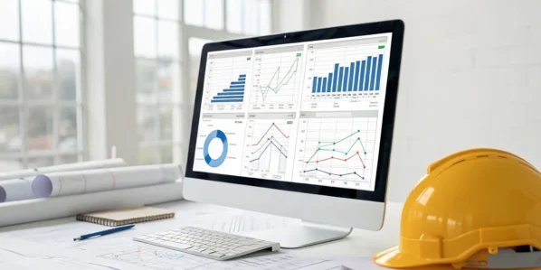 Construction inventory management software dashboard on a screen next to a hard hat.
