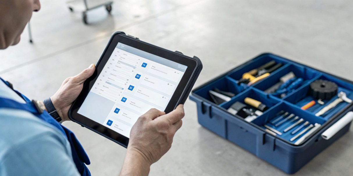A contractor uses inventory management software on a tablet that integrates with QuickBooks.