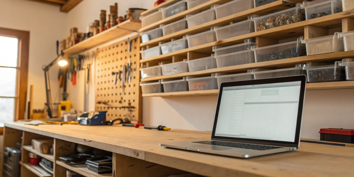 Maintenance inventory software on a laptop used to manage parts in an organized workshop.