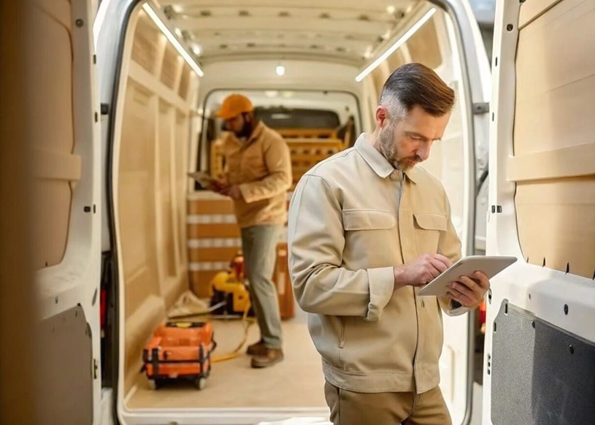 A manager at an HVAC company inspecting his tablet