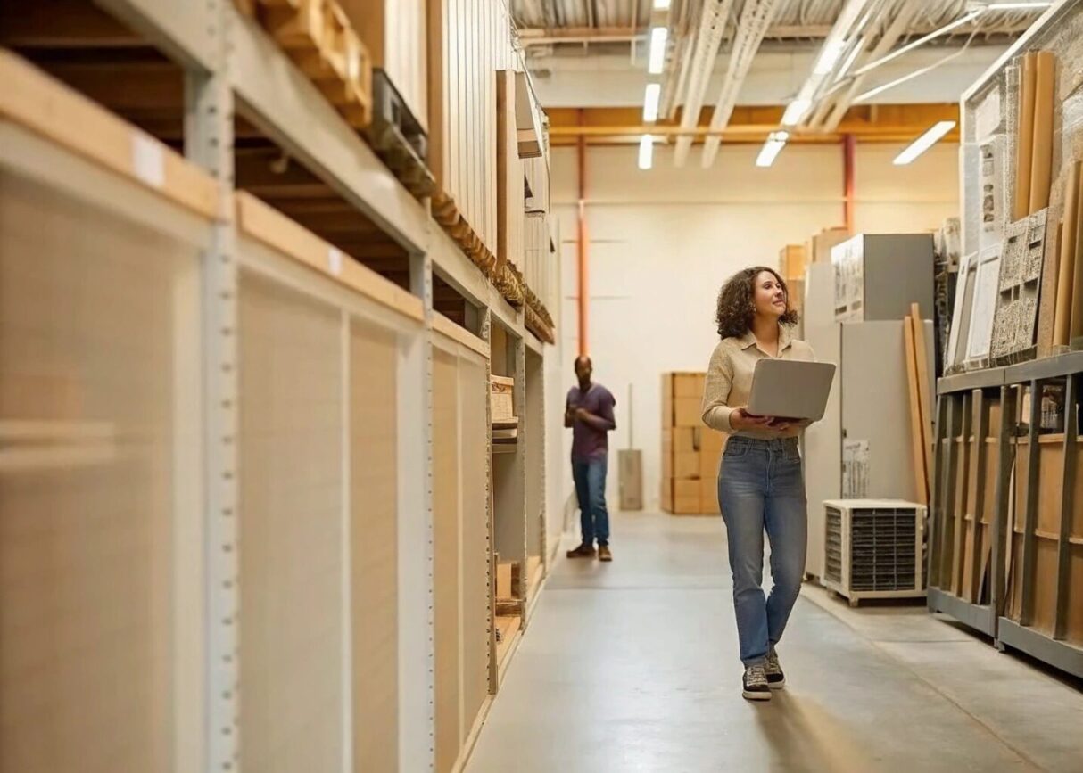 A manager for an HVAC looks through a storage room carrying her laptop