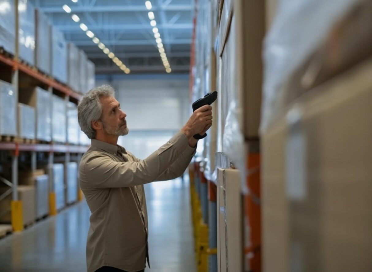 A worker using a barcode scanner in a warehouse in the evening