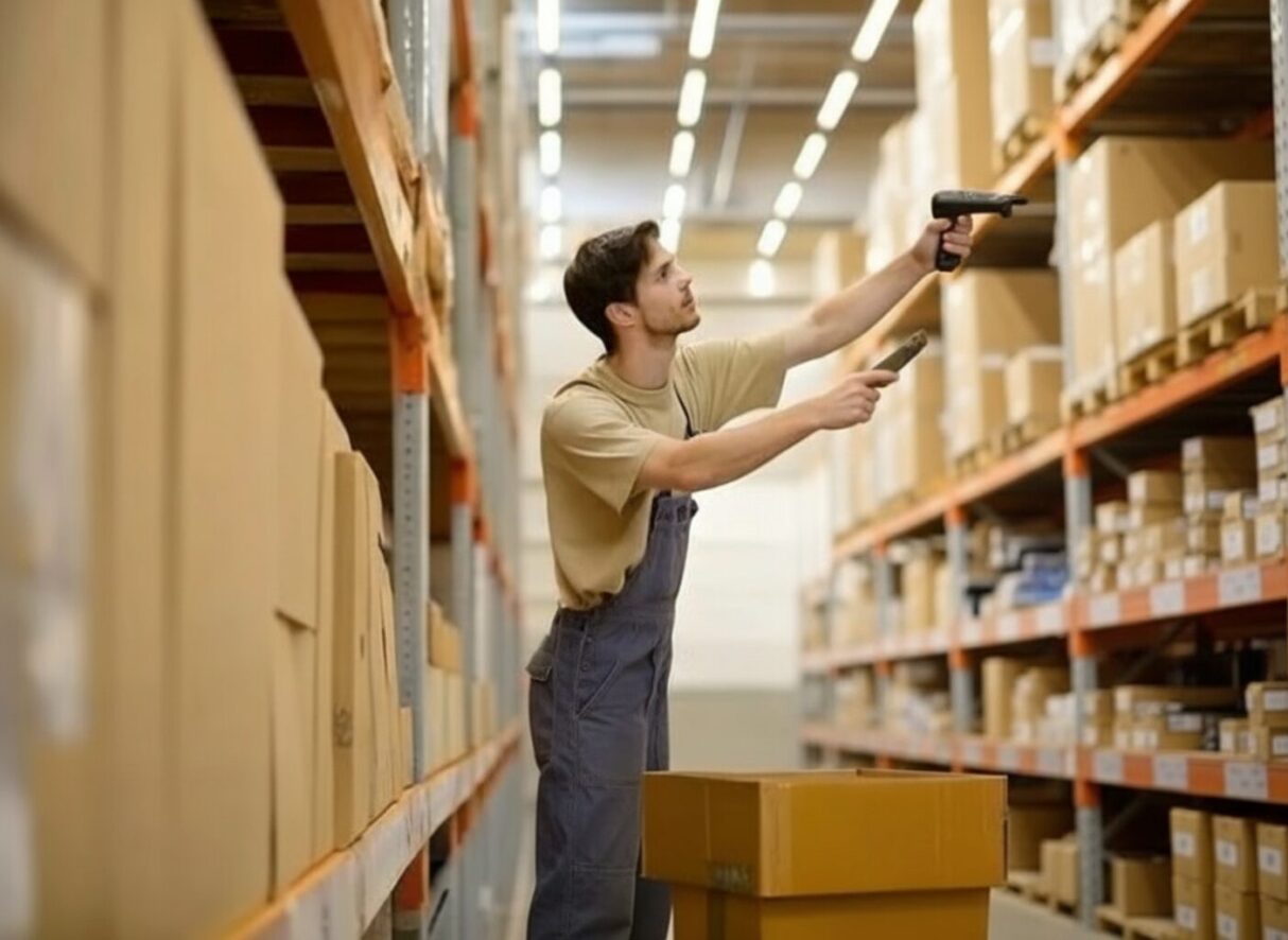 Worker in warehouse with Barcode scanner