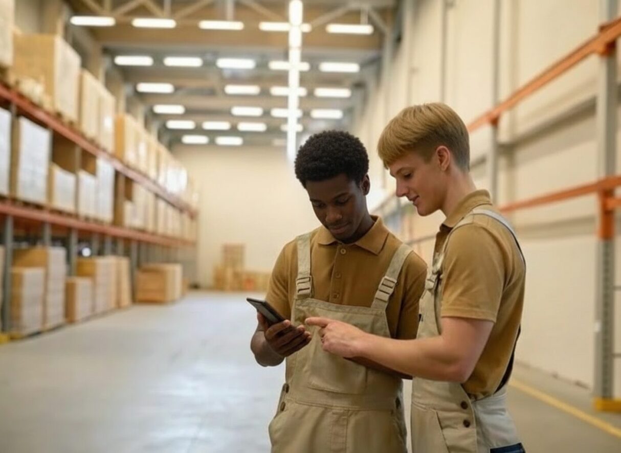 two young electricians checking their mobile device in the warehouse