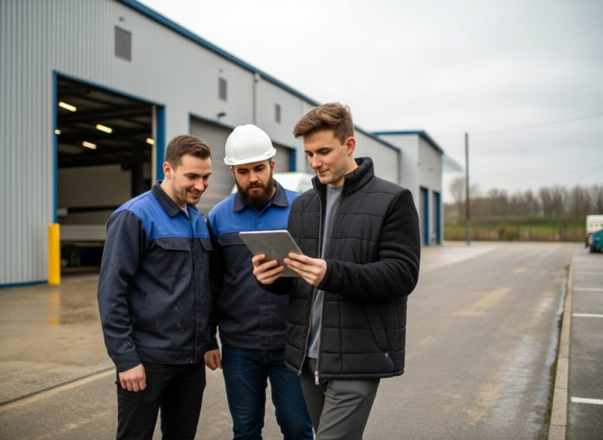 Three employees looking at a tablet