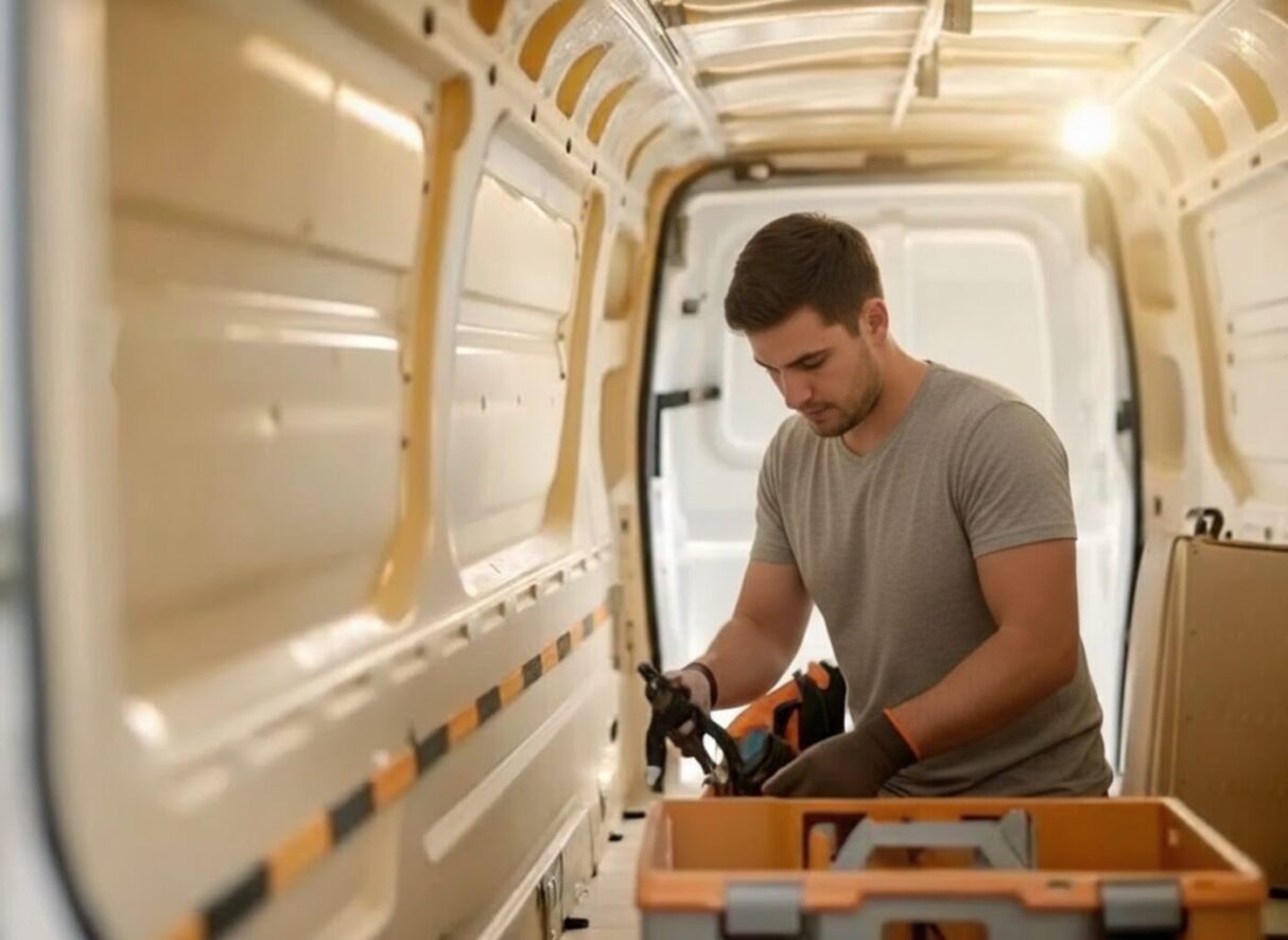 A young worker looking through hhis tools