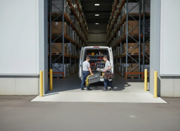 Workers carrying supplies to their van